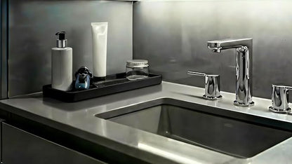 Happitasa Silicone Kitchen Sink Organizer Tray, Sponge Holder and Countertop Protector | Bathroom and Kitchen Soap Dish and Dispenser Tray (Black, 12"x4")