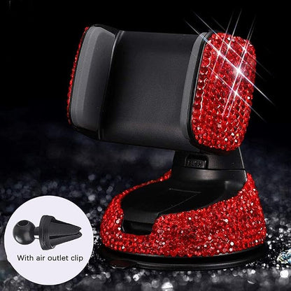 SUNCARACCL Bling Car Phone Holder, 360°Adjustable Crystal Auto Phone Mount Universal Rhinestone Car Stand Phone Holder Car Accessories for Windshield Dashboard and Air Outlet (Red)