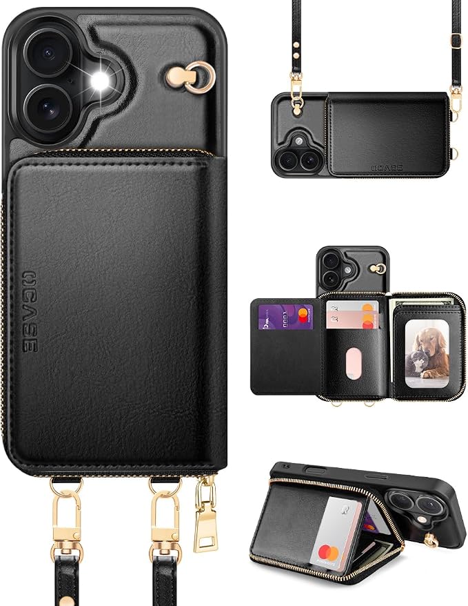OCASE Compatible with iPhone 16 Crossbody Wallet Case with Card Holder, PU Leather Zipper Handbag Phone Purse with RFID Blocking Kickstand Wrist Strap Lanyard 6.1 Inch, Black