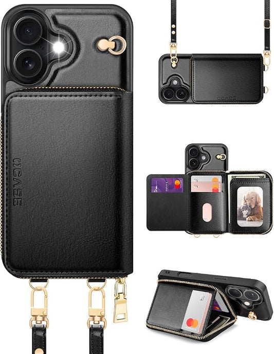 OCASE Compatible with iPhone 16 Crossbody Wallet Case with Card Holder, PU Leather Zipper Handbag Phone Purse with RFID Blocking Kickstand Wrist Strap Lanyard 6.1 Inch, Black