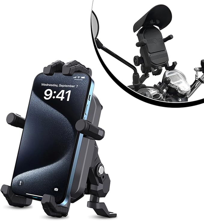 Motorcycle Rear View Mirror Phone Mount Compatible with 4.8-7" Cell Phone 360° Rotatabe Motorbike Rearview Mirror Phone Holder with Vibration Dampener for Motorcycle ATV Scooter Moped Bike Stroller
