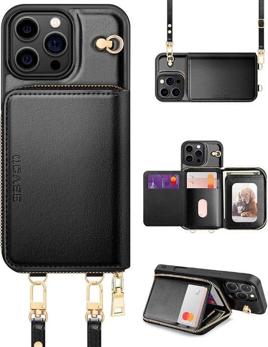OCASE Compatible with iPhone 16 Pro Crossbody Wallet Case with Card Holder, PU Leather Zipper Handbag Phone Purse with RFID Blocking Kickstand Wrist Strap Lanyard 6.3 Inch, Black