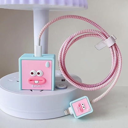 Compatible with Apple 20W/18W USB-C Adapter Charger, 3D Cartoon Protective Case for iPhone 20W USB-C Power Adapter Charger Fast Lightning Cable Cable Cover (Pink Square)