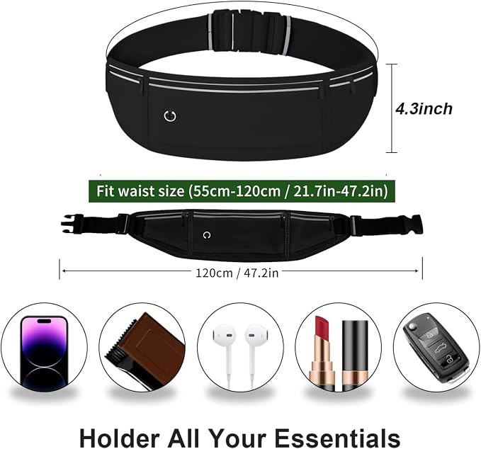Slim Running Belt Fanny Pack for Men Women, Adjustable Running Phone Holder with 3 Pockets, Reflective Fitness Fanny Pack for Phones up to 7.2 inch, Water Resistant Sports Waist Bag, Black