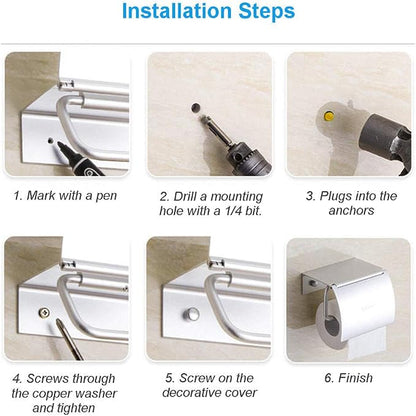 Toilet Paper Holder Wall Mounted with Phone Shelf Tray for Bathroom Restroom Hotel,Aluminum TP Holder Wall Mount with Cover Lid Metal Modern Rust Free Universal Tissue fit Mega Roll, Matte Silver