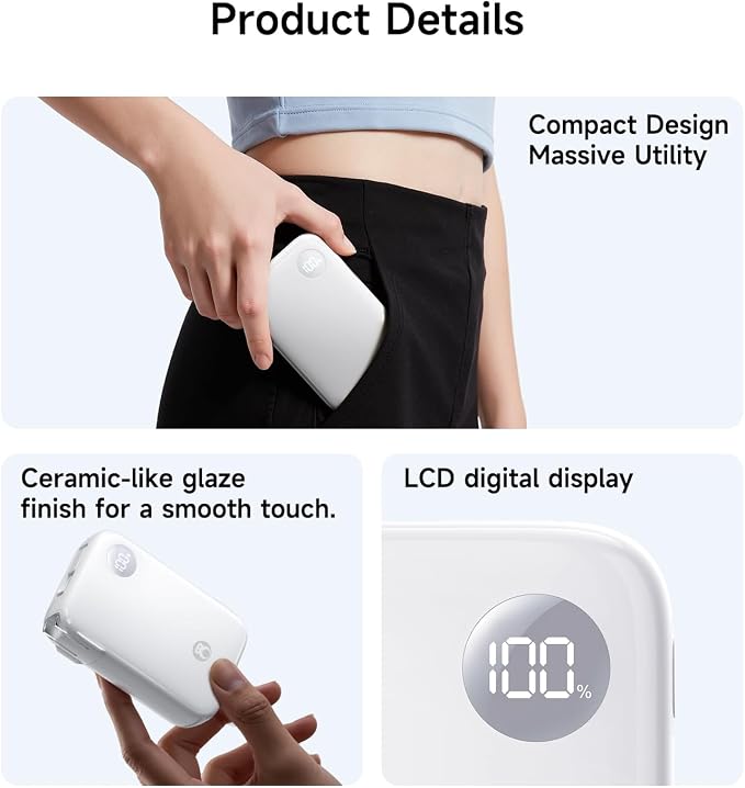 HOU 3 in 1 Portable Power Bank 10000mAh, 35W PD Fast Charging, Retractable USB-C Cable, Foldable Wall Plug, Dual Device Charging, FCC&UL Certified, Compatible with iPhone 17 Pro Max, Samsung, iPad