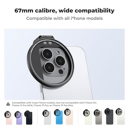 K&F CONCEPT Clip On 67mm CPL Magnetic Phone Lens Filter Kit, Phone Clip with Magnetic Adapter Ring/Cold Shoe/Locking Knob, Polarizer Filter Compatible with iPhone 16 15 Pro Max 14 13