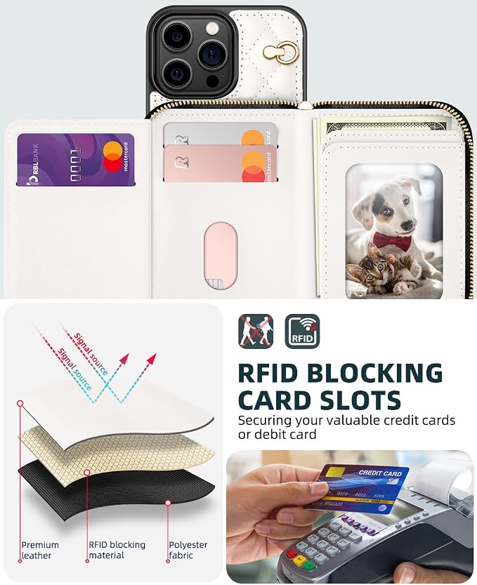 OCASE Compatible with iPhone 16 Pro Max Crossbody Wallet Case with Card Holder, PU Leather Zipper Handbag Phone Purse with RFID Blocking Kickstand Wrist Strap Lanyard 6.9 Inch, Diamond Check Cream