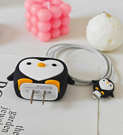 Compatible with Apple 20W/18W USB-C Adapter Charger, 3D Cartoon Protective Case for iPhone 20W USB-C Power Adapter Charger Fast Lightning Cable Cable Cover (Black Penguin)