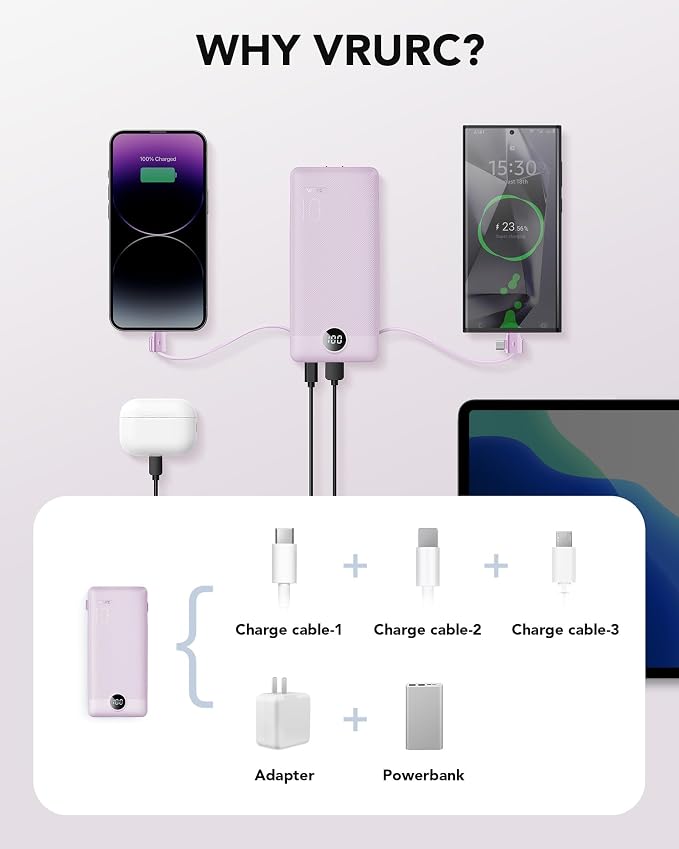 VRURC Portable Charger, Power Bank Built-in Cables and AC Wall Plug | USB C Power Bank 10000mAh Travel Essentials Phone Charger Compact External Battery Pack For Smart Phones, Tablets etc-Purple