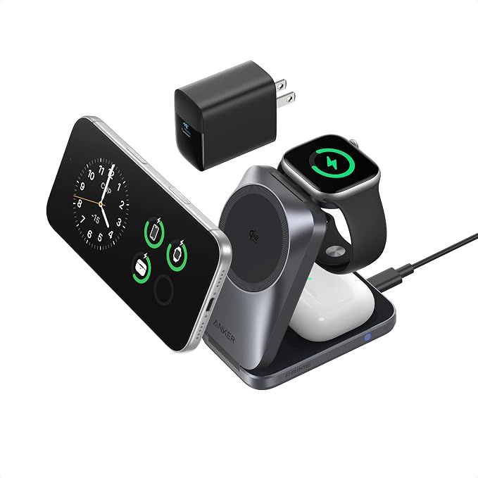 Anker Prime 3-in-1 Charging Station, AirCool Wireless Charger, Qi2 25W Certified Palm-Sized Foldable MagSafe Charger Compatible with iPhone 17, Apple Watch, AirPods (Non-Battery, with Adapter)