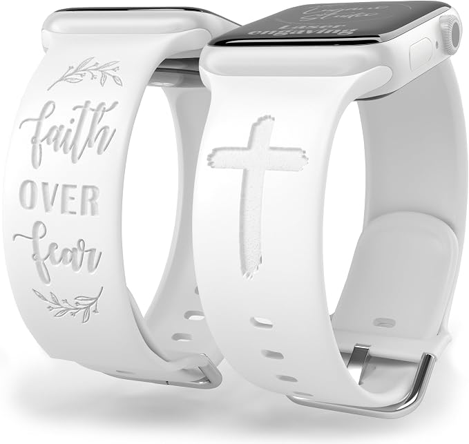 Faith Over Fear Watch Band compatible with Apple Watch Laser Engraved iWatch Band Silicone 38mm 40mm 41mm 42mm 44mm 45mm 49mm Strap Jesus Psalm Christian God (38/40/41/42mm S/M, White)