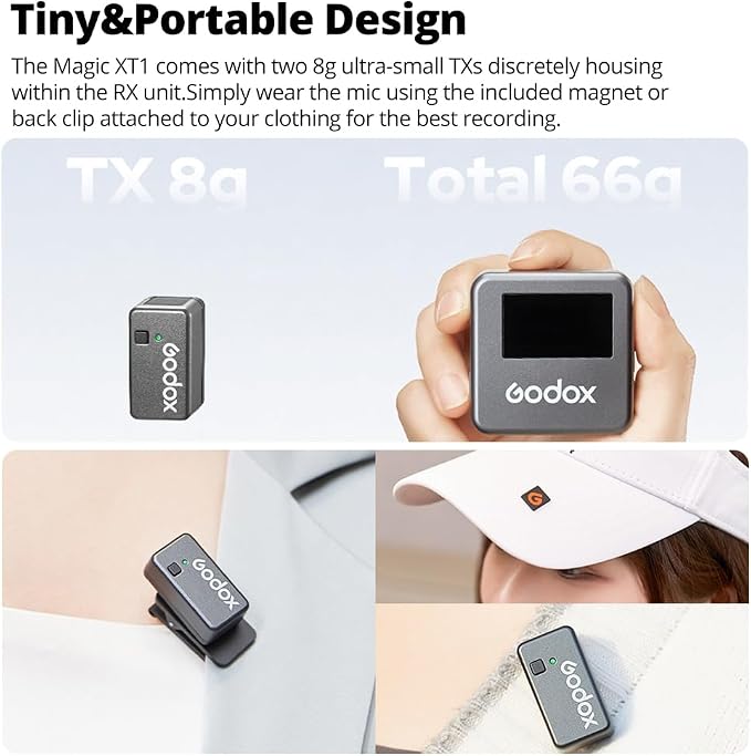 GODOX Magic XT1 Wireless Lavalier Microphone, Microphone for Camera (2 TX + 1 RX Charging Case), Mini Mic with Noise Cancellation, 16H Battery, Touch Screen 200M/60ft