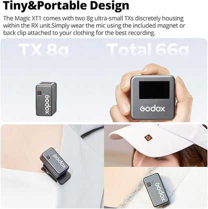 GODOX Magic XT1 Wireless Lavalier Microphone, Microphone for Camera (2 TX + 1 RX Charging Case), Mini Mic with Noise Cancellation, 16H Battery, Touch Screen 200M/60ft