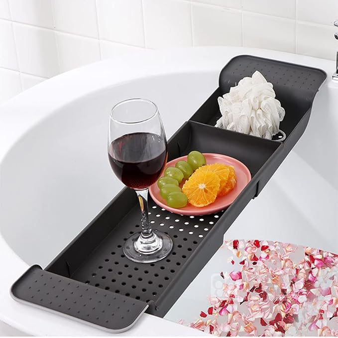 Bathtub Tray Expandable Bath Caddy Storage Rack Multifunctional Bathtub Tub Organizer for Deposit Wash Supplies,Book,Wine,Phone,Bathroom,Shower (Gray)