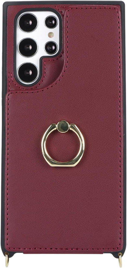 Lipvina for Samsung Galaxy S22 Ultra Case with Card Holder and Strap for Women,Crossbody Lanyard,RFID Blocking,Stand Ring Kickstand,Snap Clasp,Phone Wallet Cases 6.8 inch(Wine Red)