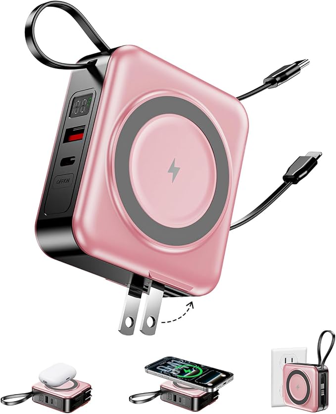 10000mAh for Magsafe Portable Charger Built-in Cables & AC Wall Plug,Pink | 6-in-1,PD 22.5W USB C Fast Charging,15W Magnetic Wireless Charging,Charge 5 devices at once,LED Display Travel Power Bank