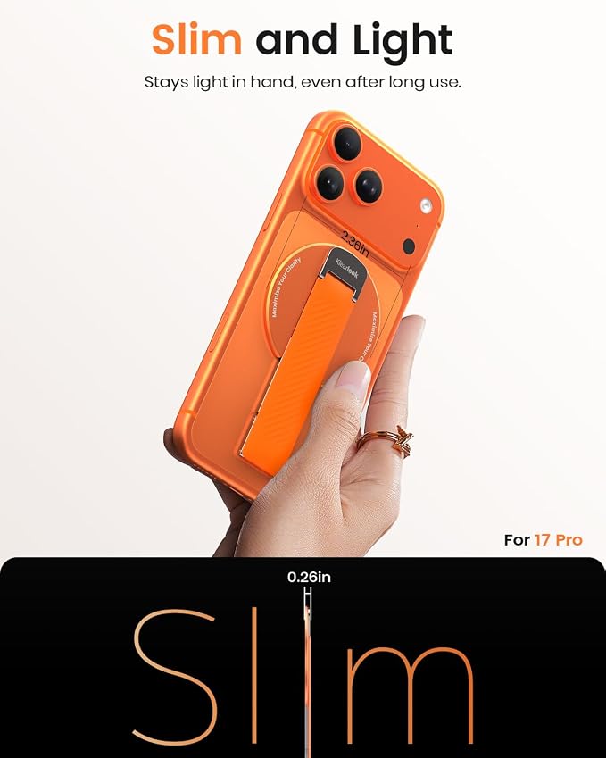 2026 Klearlook for MagSafe Phone Grip with Silicone Finger Strap, Removable Magnetic Phone Ring Holder with Adjustable Kickstand, Finger Phone Ring Grip for iPhone 17/16/15/14/13/12 Series, Orange