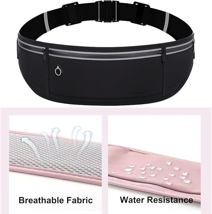 Slim Running Belt Fanny Pack for Men Women, Adjustable Running Phone Holder with 3 Pockets, Reflective Fitness Fanny Pack for Phones up to 7.2 inch, Water Resistant Sports Waist Bag, Black
