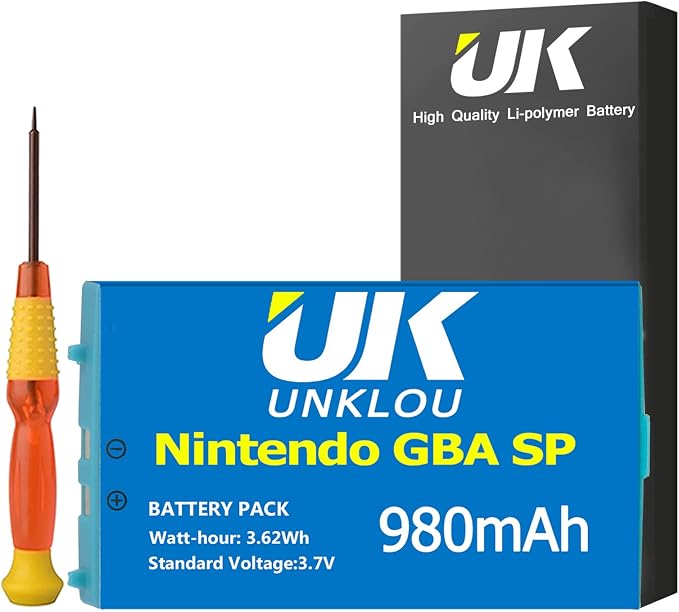 Gameboy Advance SP Battery, [Upgraded] 980mAh 3.7V Li-Polymer Replacement Rechargeable Lithium-ion Battery Compatible for Nintendo Gameboy Advance SP (GBA SP) with Repair Replacement Tool Kit