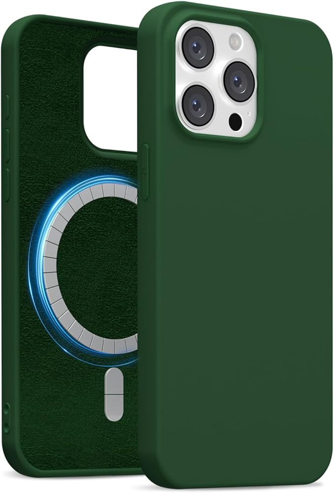 for iPhone 13 Pro Case Silicone Compatible with Magsafe Case, Ultra Slim Thin Magnetic Phone Cases Mag Safe, Cute Soft Rubber Gel TPU Matte Plain Wireless Charging Cover for Women, Dark Green