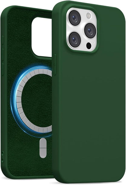 for iPhone 14 Pro Case Silicone Compatible with Magsafe Case, Ultra Slim Thin Magnetic Phone Cases Mag Safe, Cute Soft Rubber Gel TPU Matte Plain Wireless Charging Cover for Women, Dark Green