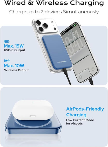 Magnetic Portable Charger, 5000mAh Ultra Slim Power Bank, 15W Fast Charging for Magsafe Battery Pack, Travel Essential Wireless Charger Compatible with iPhone 17/16/15 Series - Dark Blue