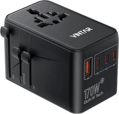 VINTAR 170W GaN Universal Travel Adapter, 6-in-1 International Power Adapter with 2AC, 3 USB-C PD & 1 USB-A QC, All-in-One Charger Compatible with EU/UK/US/AU for Laptops, Tablets, Phones, Cameras