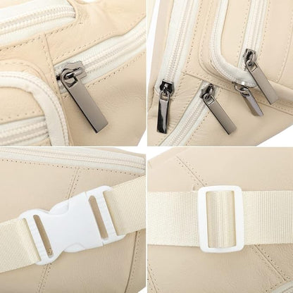 Leather Fanny Pack Waist Bag for Men Women Outdoor Travel Hiking Camping Walking Running Hip Bum Belt Slim Cell Phone Purse Wallet Pouch (#03Beige)