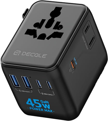 “Pro” Universal Travel Adapter 3 USB-C＆ 2 USB-A Cover 200+ Countries | GaN 45W, International Plug Adapter, All in One Portable Adapter, NOT A Voltage Converter, for USA, UK, EU, AU (Black)