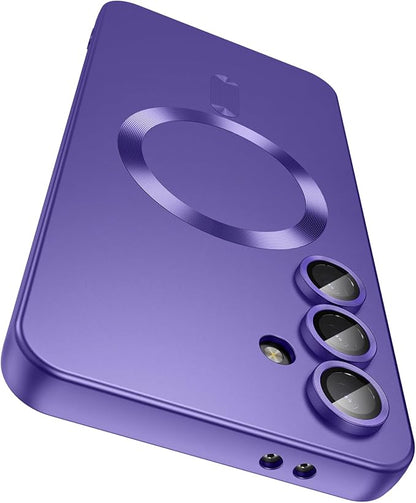 Magnetic for Samsung Galaxy S25 FE Case [Compatible with MagSafe][Built-in Camera Lens Protector] Slim Soft Silicone Bumper Shockproof Metallic Luster Phone Case, Purple