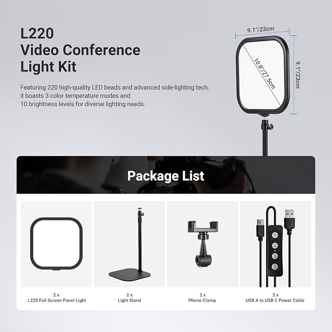 NEEWER Basics 2 Pack 10.8" Video Conference Lighting with Desk Stands/Phone Holders, 15W Bi Color Edge Lit Full Screen Light CRI95+ for Computer Laptop Webcam Zoom Calls Streaming Recording, L220