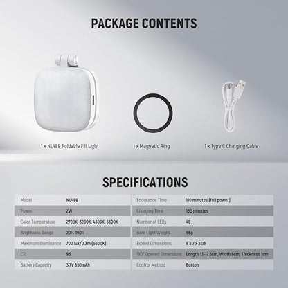 NEEWER BASICS Magnetic Selfie Light Compatible with MagSafe iPhone, CRI95 700lx/0.3m Folding LED Phone Fill Ring Lighting with Mirror for Zoom Makeup Photography Recording Video Conference,White NL48B