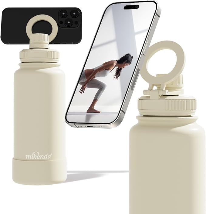 32oz Insulated Tumbler with Magnetic Phone Holder, Gym Water Bottle | Leak Proof Lid, 24hr Cold & 12hr Hot, Non-Slip Base | Travel Mug, Reusable & Eco-Friendly (cream white, 32, ounces)