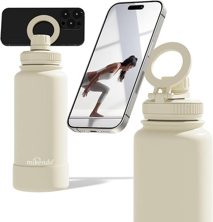 32oz Insulated Tumbler with Magnetic Phone Holder, Gym Water Bottle | Leak Proof Lid, 24hr Cold & 12hr Hot, Non-Slip Base | Travel Mug, Reusable & Eco-Friendly (cream white, 32, ounces)