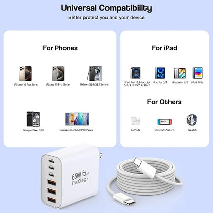 65W USB C Charger Block, 2Pack 6-Port Fast Charging Block with 6ft Long TypeC to TypeC Woven Cable Cord,Multiport Plug,USB C Power Adapter for iPhone 17/17 Air/17 Pro/16/16e/16 Pro Max/15,iPad,AirPods