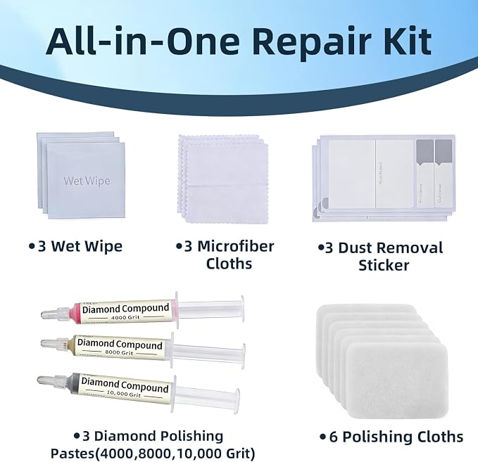 Scratch Remover Kit for Phone Screens, Watches & Tablets – Safe Touch-Friendly Screen Scratch Repair with 3 Diamond Polishing Compounds, 6 Polishing Cloths & 3 Cleaning Wipes