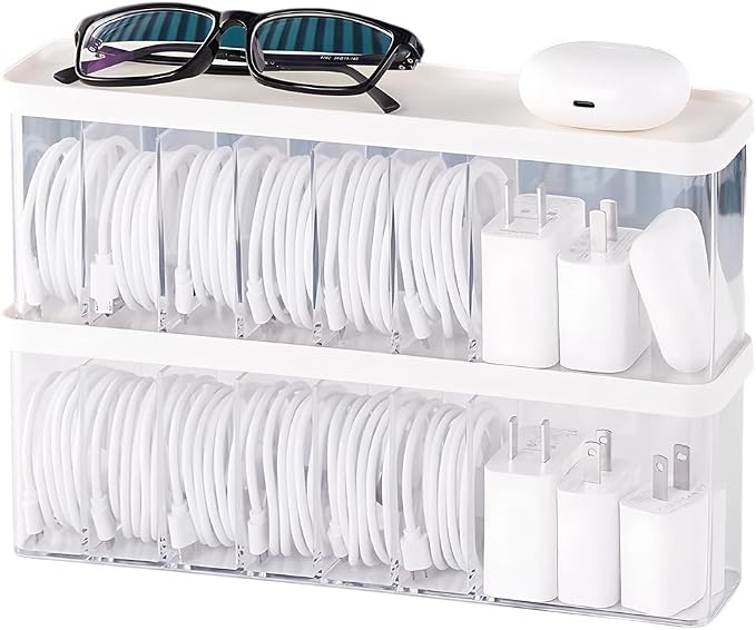 Charger Cable Cord Storage Organizer Box - Easy Storage Without Cable Ties - 2 Pack With Lid