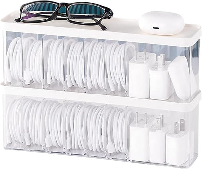 Charger Cable Cord Storage Organizer Box - Easy Storage Without Cable Ties - 2 Pack With Lid