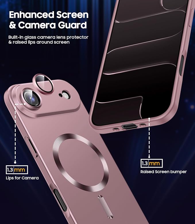 Magnetic for iPhone Air Case, Compatible with MagSafe, Built-in Camera Lens Protector, Slim Thin Soft Silicone Bumper Shockproof Metallic Luster Phone Case for iPhone 17 Air (Rose Gold)