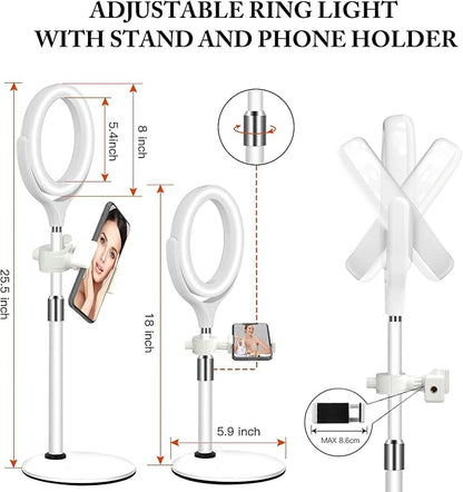 8 inch Desk Ring Light with Stand, Adjustable Computer Circle Light for Video Conference Lighting, Zoom Calls, Virtual Meeting, Video Recording, Selfie Light with Phone Holder for Streaming, Podcast