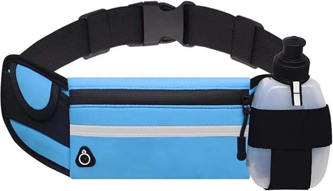 Fanny Pack with Water Bottle Holder for Running Hiking Hydration Marathon Exercise Outdoor, Slim Running Belt for Men Waterproof Waist Bag for Women Girls Kids Cell Phone iPhone Carrier Blue