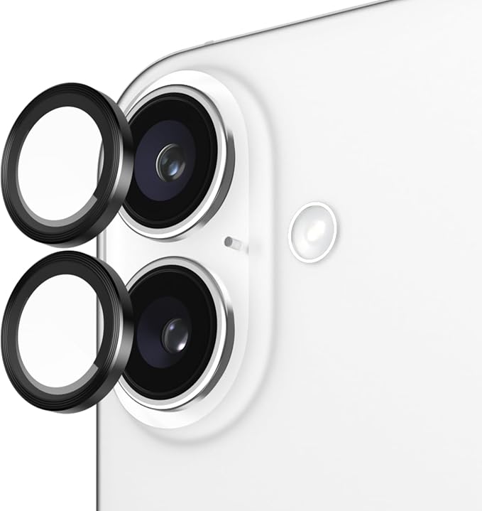 Pelican Camera Lens Protector with Aluminum Rings for iPhone 16 / iPhone 16 Plus - 9H Tempered Glass - Durable Anti-Scratch, Anti-Shatter, HD View w/Night Shoot, Case Friendly, Easy Install - Black