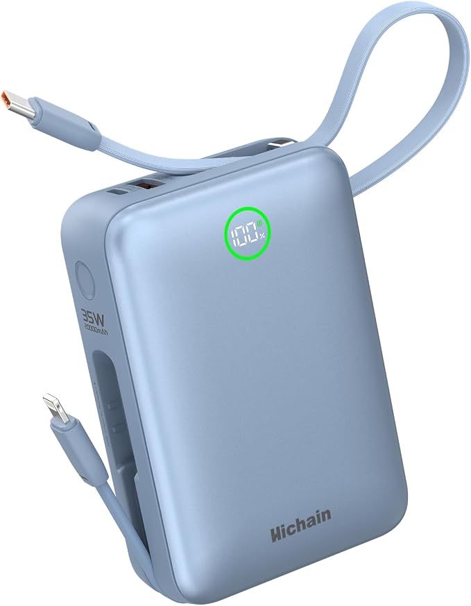 Hichain Portable Charger 35W 20000mAh Power Bank with LED Display Blue | Fast Charging Portable charger Power Bank for iPhone 17/16/15/14/13, iPad, Android,Battery Pack Built Dual Cables & 4 Outputs