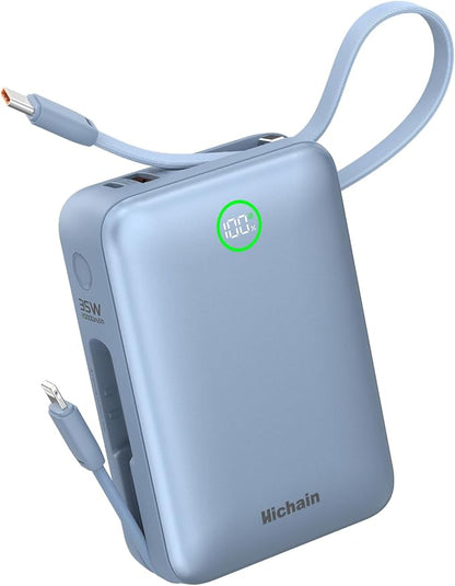 Hichain Portable Charger 35W 20000mAh Power Bank with LED Display Blue | Fast Charging Portable charger Power Bank for iPhone 17/16/15/14/13, iPad, Android,Battery Pack Built Dual Cables & 4 Outputs