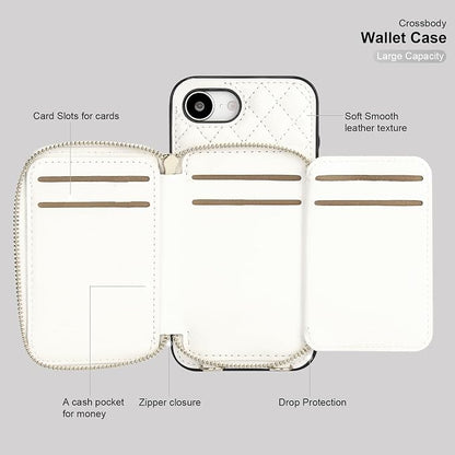 Bocasal Crossbody Wallet Case for iPhone 17e/16e, RFID Blocking PU Leather Zipper Handbag Purse Flip Cover, Kickstand Folio Case with Card Slots Holder Wrist Strap Lanyard 6.1 Inch 5G (White)