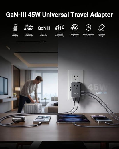 MINIX 45W Universal Travel Adapter, 5-Port Charger for Europe, US, UK & AU | GaN III International Power Adapter Slim PD Fast Charger (1AC, 2 USB-C, 2 USB-A) for Business Travel, Not a Voltage Converter