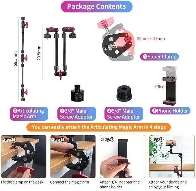 22" Magic Arm Camera Mount, Articulating Arm Tripod Clamp w Thread Adapter, Friction Camera Boom Arm, Overhead Desk Mount Clamp Stand for Phone, Webcam, Mic, Video Rig, Tripod Light