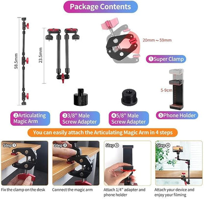 22" Magic Arm Camera Mount, Articulating Arm Tripod Clamp w Thread Adapter, Friction Camera Boom Arm, Overhead Desk Mount Clamp Stand for Phone, Webcam, Mic, Video Rig, Tripod Light