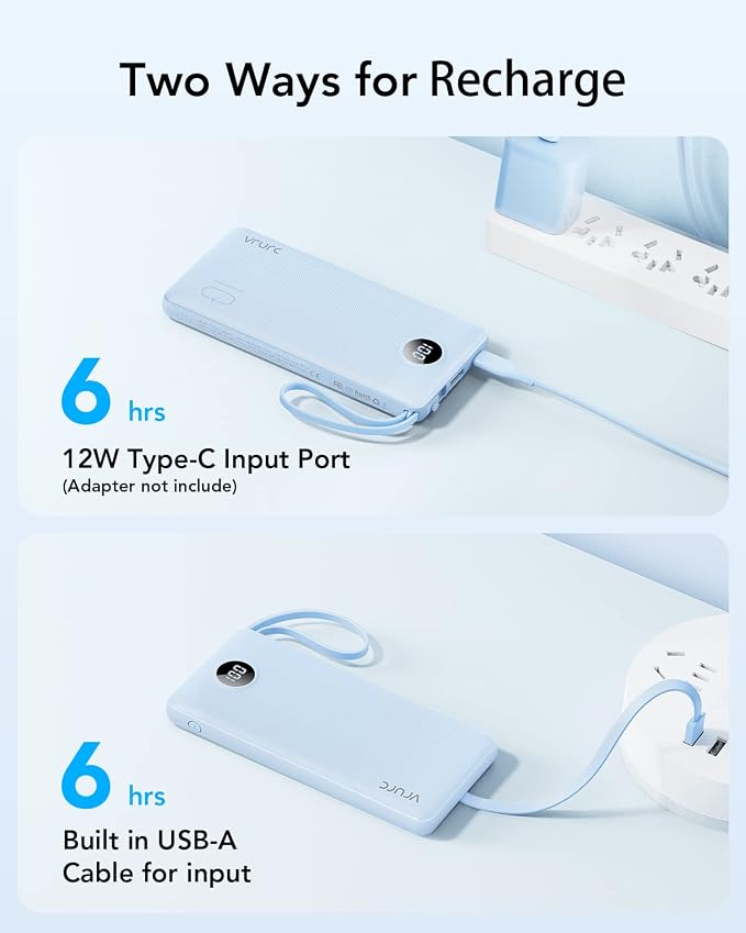 VRURC Portable Charger for iPhone, Built in 4 Cables Power Bank 10000mAh | Compact USB C Charging Bank 5 Outputs for Multi Devices,Travel Essential for Hiking Camping Business Cruise Ship-Blue
